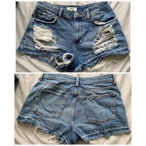 High waisted destroyed style denim shorts